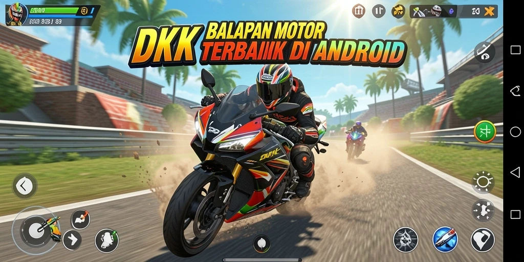Screenshot gameplay DKK menampilkan aksi balapan motor yang mendebarkan.