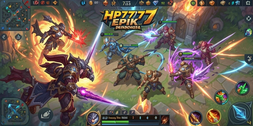 Tangkapan layar gameplay HP777 yang menunjukkan aksi pertempuran MOBA yang mendebarkan.