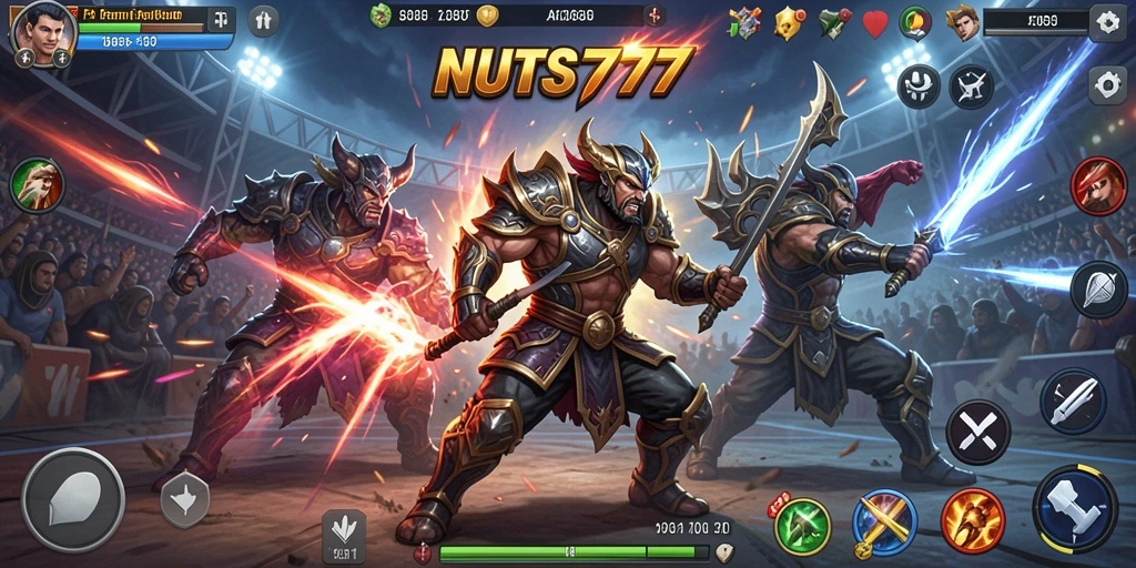 Gameplay NUTS777 menampilkan pertarungan intense antara karakter dengan efek visual yang mengesankan.
