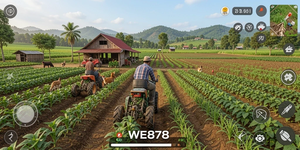 Screenshot gameplay WE878 yang menampilkan aktivitas pertanian yang seru.
